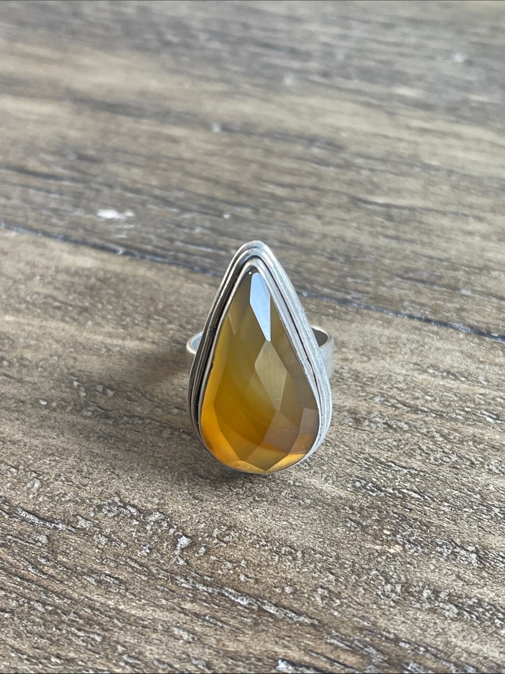 Sterling Silver Teardrop Faceted Amber Quartz Ring - Size 6.25